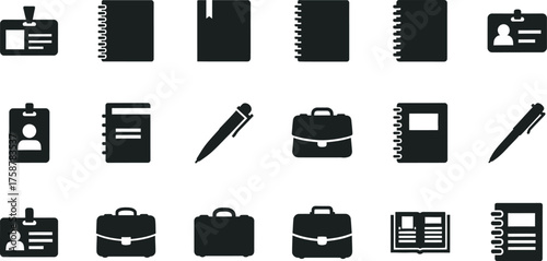 Collection of black office supplies icons including notebooks briefcases pens and id badges isolated on transparent background