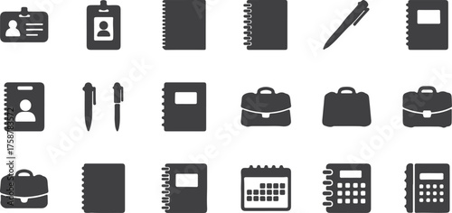 Collection of black office supplies and stationery icons including notebooks pens briefcases and id badges isolated on transparent background