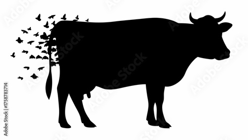 Dramatic silhouette of cow transforming into birds, wildlife and farm animal concept art, vector
