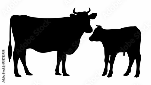 Strong silhouette of a cow with her calf, a symbol of agriculture and farm life, simple vector art