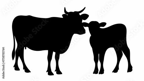 Sweet cow silhouette with calf, representing farm life, motherhood, and the beauty of rural farming animals