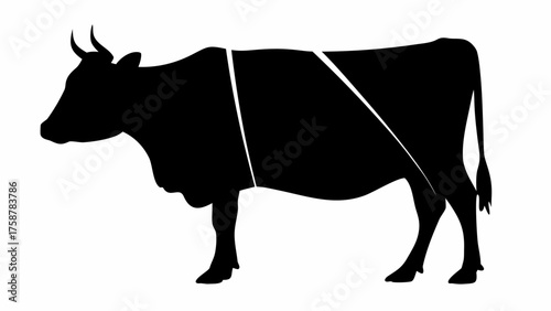 Striking black silhouette of a cow showing primal cuts great for butcher shop or restaurant designs