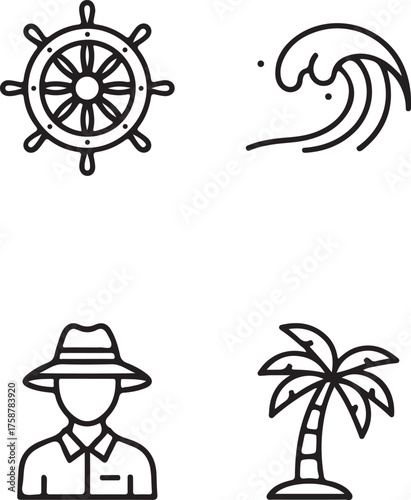 Nautical icons set ship wheel ocean wave tropical palm tree and navigator for maritime travel adventures