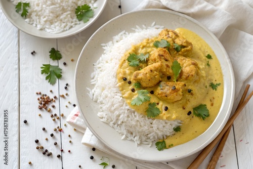 Indian Comforting Kadhi Chawal with Fried Pakora on a white plate top down view with white background