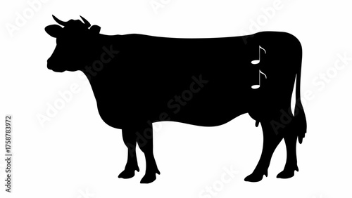 Whimsical musical cow design, perfect for children's songs and farm-themed projects with playful notes