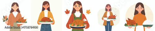 vector woman carrying thanksgiving turkey dish