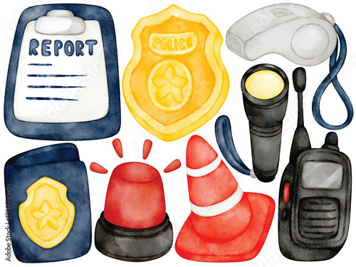 Police tools watercolor clip art with badge report cone siren flashlight whistle and walkie talkie illustration for safety education design or kids law enforcement theme