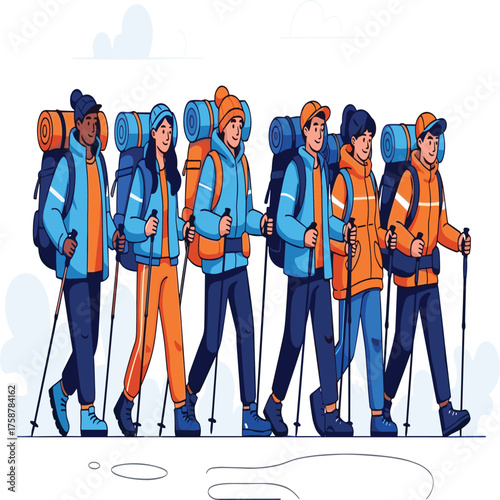 Diverse Group of Friends Hiking with Large Backpacks and Trekking Poles in Winter Clothes