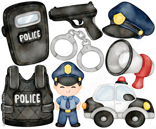 Police equipment watercolor clip art with officer car handcuff hat vest shield gun and megaphone illustration for safety education design or kids profession theme