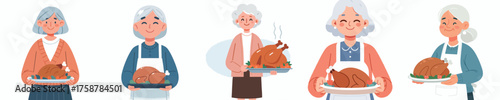 vector grandmother carrying thanksgiving turkey dish