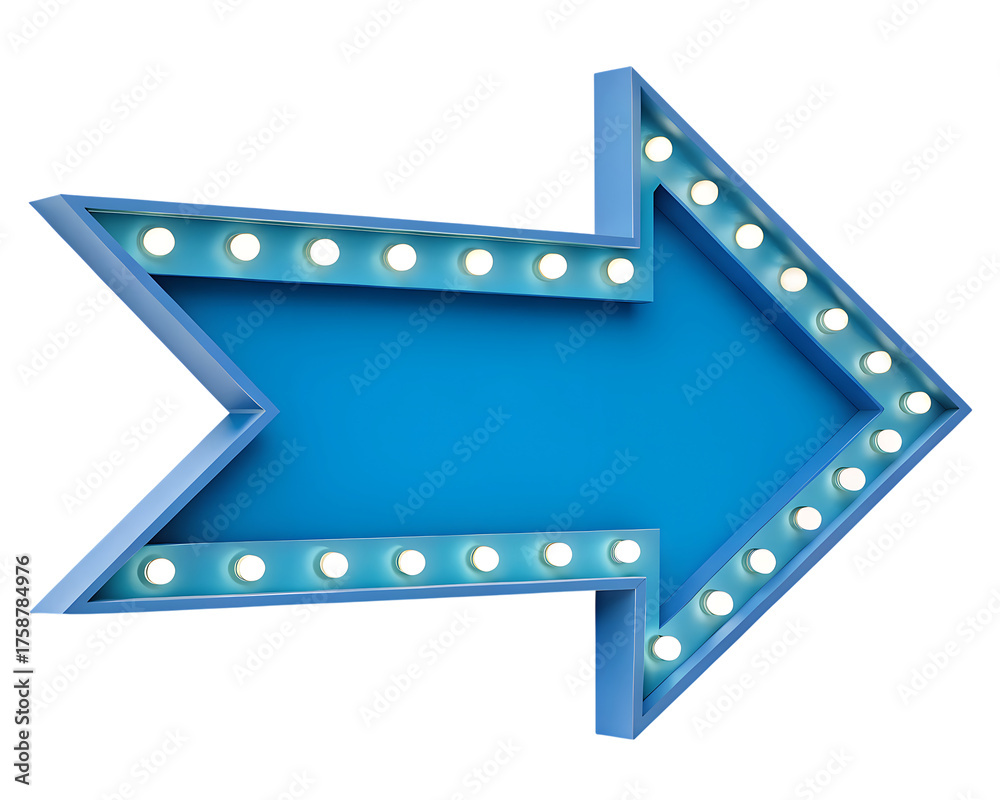 Obraz premium Blue neon arrow sign with light bulbs pointing right isolated on transparent background