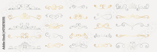 Elegant decorative dividers in gold and silver. Swirls and curls create ornate dividers. Perfect for invitations and designs. Gold and silver accents enhance elegance. Hand drawn ornament vector set.