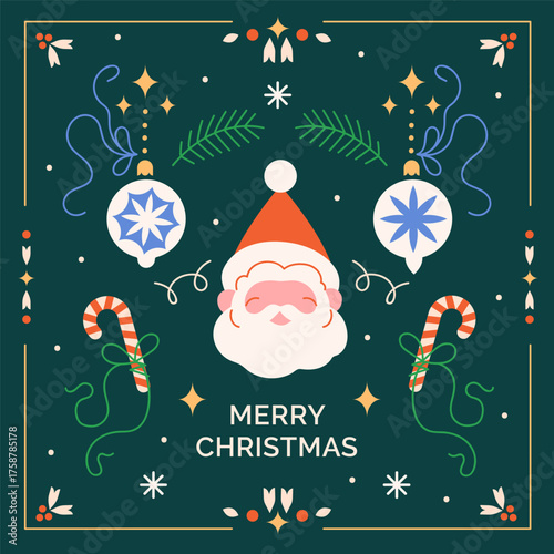 Merry Christmas greeting card. Festive square postcard design with Santa Claus, candy canes, Xmas baubles, New Year holiday decorations pattern in Nordic Scandinavian style. Flat vector illustration.