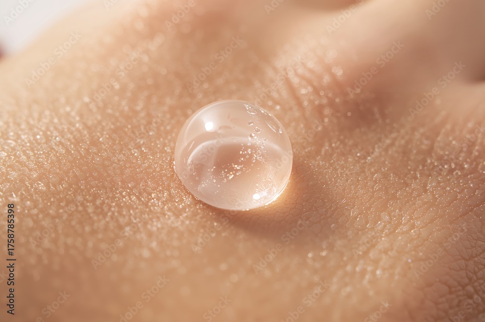 Fototapeta premium Macro droplet of milky serum glides gently over textured skin in luminous morning light