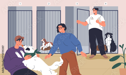 Dog adoption from canine animal shelter. Happy family couple adopting puppy, meeting doggy from voluntary rescue center, enclosure. Taking homeless missing abandoned pet. Flat vector illustration.