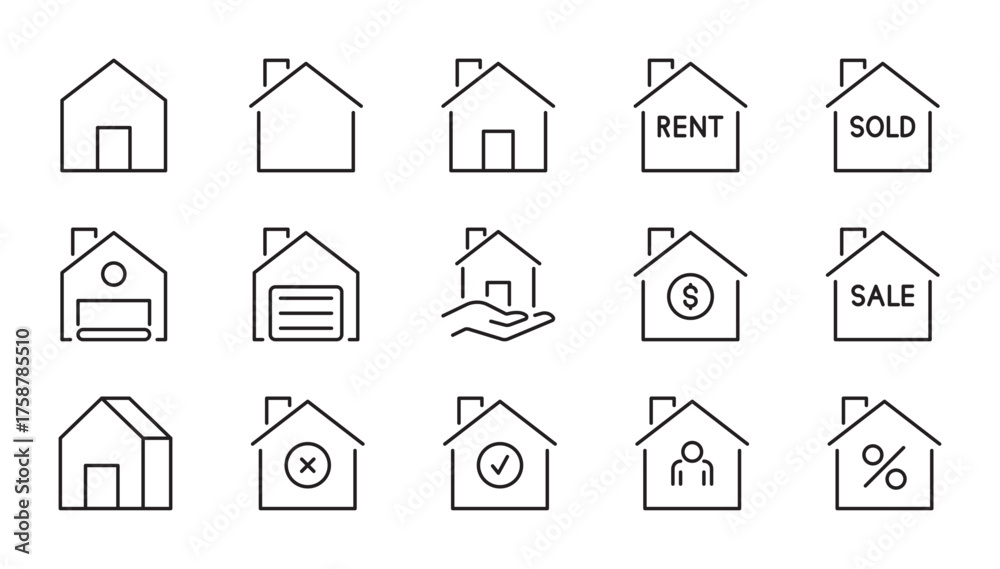 Fototapeta premium House icon set. Home, building, architecture, apartment, real estate symbol. Vector illustration. Editable stroke. Flat design. Isolated on a white background.