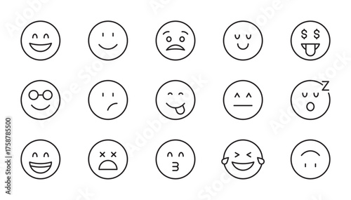 Emoji icon set. Smiley, coolness, laughter, joy, nauseous, happy, mistake, shock, love of money, loving, excited, wink, sleep, crying, angry, shame. Emotion sign. Vector illustration. Editable stroke.