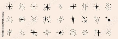 Collection of minimalist star and sparkle icons. Various star shapes and sparkle designs. Simple, elegant star and sparkle illustrations in black. Element vector set.