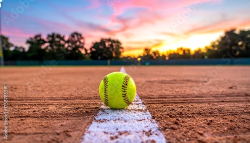 A softball rests on a white line of a clay field during sunset. Trees frame the backdrop of an orange, pink and purple sky