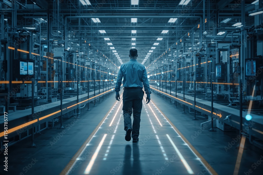 Fototapeta premium Industrial engineer navigates synchronized factory floor as augmented reality visualizes digital workflow efficiency