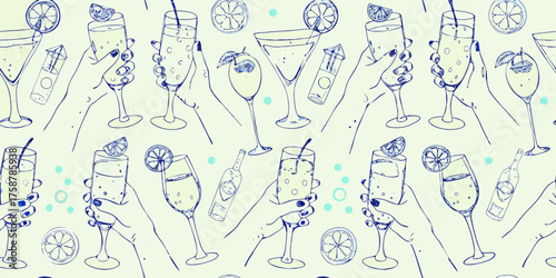 Hand drawn seamless pattern of celebratory cocktails and citrus slices with bubbles