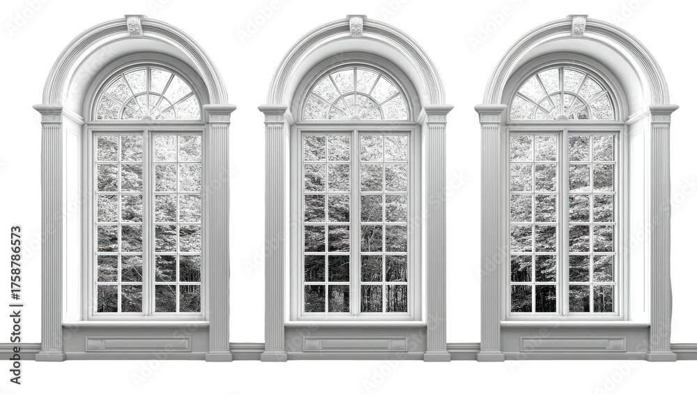 Obraz premium Three arched windows show snowy forest view