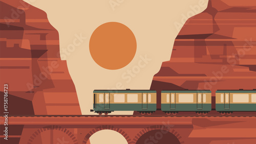A train travels across a bridge in a desert landscape with a large sun in the background illustration