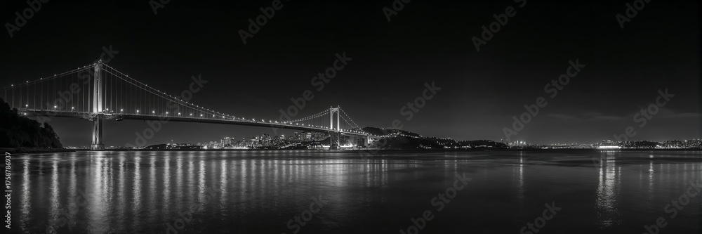 Obraz premium Illustration of black and white panorama of a bridge at night reflecting in the water