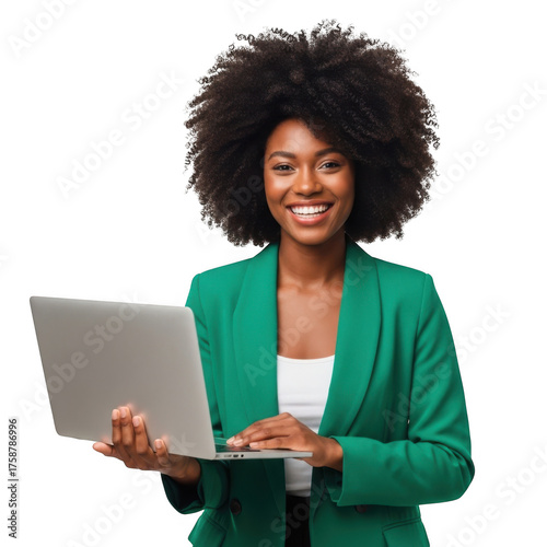 Smiling young african american woman wearing a green blazer holding a laptop computer isolated on transparent background
