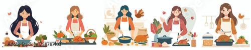 vector woman cooking thanksgiving turkey dish