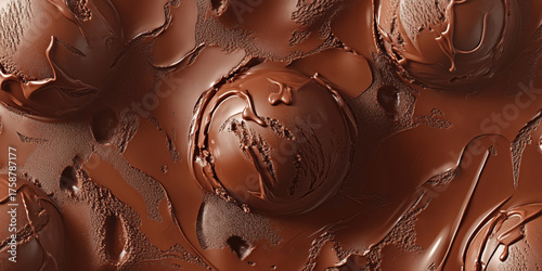 Closeup of 3D texture rich dark chocolate ice cream  scoop pattern, top view illustration background copyspace