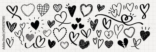 Doodle hearts in black and white heart doodles, hand-drawn heart patterns, whimsical heart sketches, diverse heart designs, playful heart illustrations. Hand drawn Valentine's Day vector.