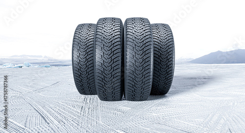 Winter tires standing on ice and snow 3d