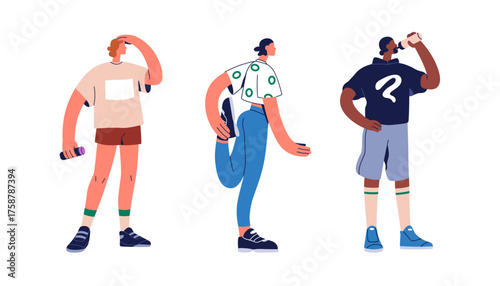 Active jogger, athlete characters stretching, warming up, drinking water. Healthy people in sportswear with bottles. Runners in activewear. Flat vector illustration isolated on white background.
