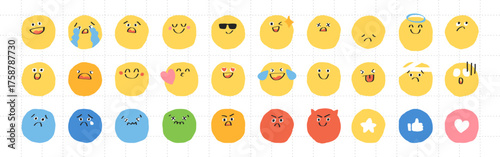Colorful emoji set with various expressions: happy, sad, angry, surprised. Emotions in yellow circles. Fun, expressive, diverse emoji collection. Hand drawn cute emoticon illustration set. Vectors.