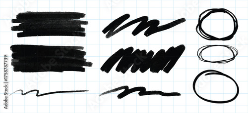 Black marker strokes on grid paper. Various marker strokes, including thick, thin, and circular. Marker strokes create bold, expressive lines on paper. Creative element set. Vectors.