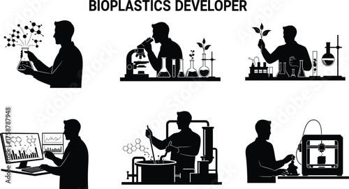 Bioplastics developer, scientific research, lab equipment, molecular structure, plant-based innovation, 3D printing, sustainability, silhouette, chemistry, data analysis