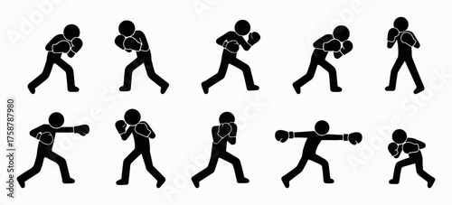 Black stickman silhouettes performing kickboxing and mixed martial arts moves, showing high kicks, punches, and energetic stances, collection of sports icons in vector style