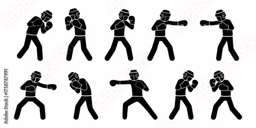 Black stickman boxers training, punching, sparring, and defending in powerful poses, dynamic silhouette icons collection showing energy, movement, and fitness strength