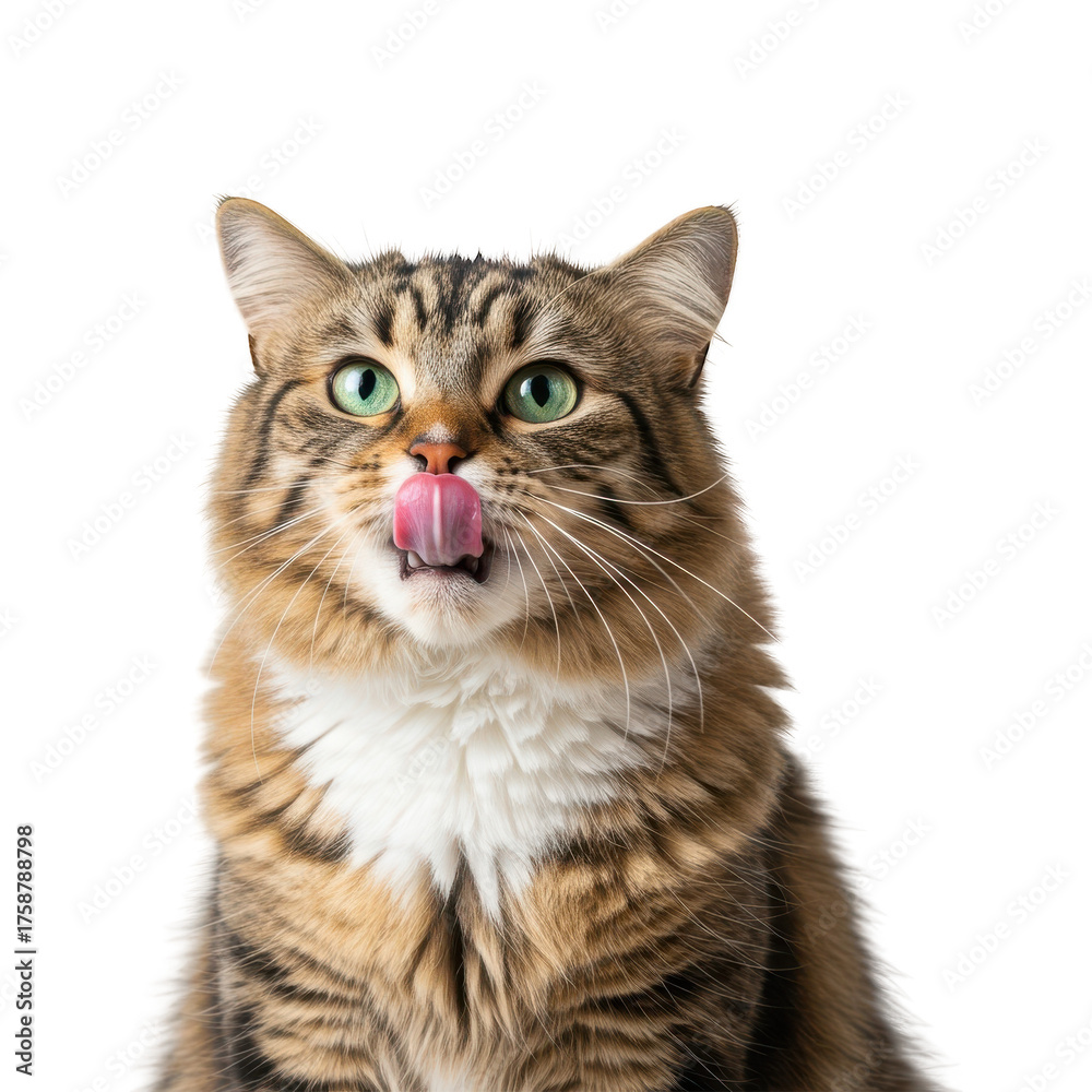 Fototapeta premium A domestic cat with green eyes licks its nose with a pink tongue.
