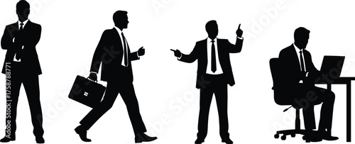 Businessman silhouette, standing, walking, presenting, working, office posture, professional activity, vector icons, black figures, corporate gesture, isolated design