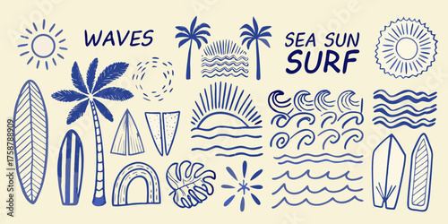 Hand drawn blue tropical beach elements including surfboards palm trees sun waves and rainbows on a cream background