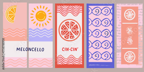 Set of five vertical banners with playful abstract designs featuring citrus fruits and wavy patterns