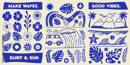 Collection of blue tropical and surf elements with text over beige background