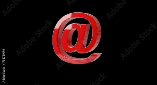 Glossy red at symbol isolated on a stark black background for digital communication