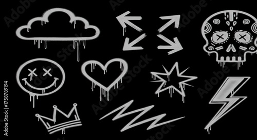 Graffiti style icons set cloud skull heart star lightning bolt crown smiley face symbols