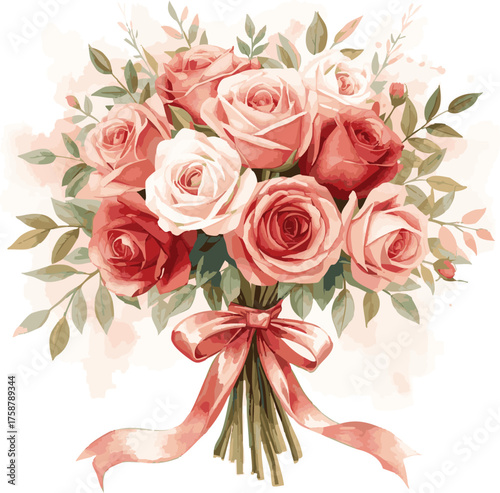 Watercolor Rose Bouquet with Pink Ribbon and Green Leaves