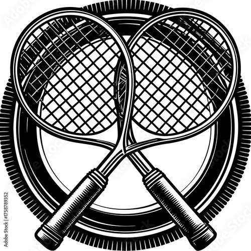 Tennis Icon: Two tennis racquets intersect in a classic display, set against a circular emblem that showcases the sport's iconic design. Evokes action, competition, and the thrill of the game. 