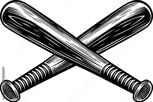 Crossover Bats: Two baseball bats are crossed, symbolising teamwork, a clash of sport, or a emblem of competitive spirit in a classic black and white artistic rendition.