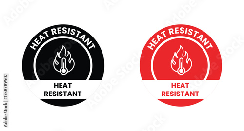 Red circular emblem showcasing heat resistance and durability certification, featuring a thermometer icon perfect for product labeling and quality assurance.